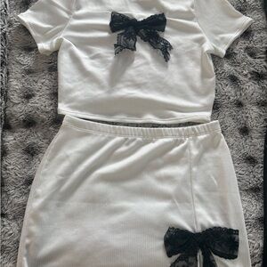 Fashion Nova White Ribbed Pencil Skirt with Black Lace Bow